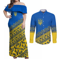 Ukraine Heritage Pride – Vyshyvanka Pattern Couples Matching Off Shoulder Maxi Dress and Long Sleeve Button Shirt with National Symbol in Blue & Yellow