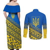 Ukraine Heritage Pride – Vyshyvanka Pattern Couples Matching Off Shoulder Maxi Dress and Long Sleeve Button Shirt with National Symbol in Blue & Yellow