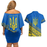 Ukraine Heritage Pride – Vyshyvanka Pattern Couples Matching Off Shoulder Short Dress and Hawaiian Shirt with National Symbol in Blue & Yellow