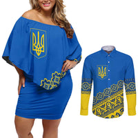 Ukraine Heritage Pride – Vyshyvanka Pattern Couples Matching Off Shoulder Short Dress and Long Sleeve Button Shirt with National Symbol in Blue & Yellow