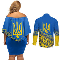 Ukraine Heritage Pride – Vyshyvanka Pattern Couples Matching Off Shoulder Short Dress and Long Sleeve Button Shirt with National Symbol in Blue & Yellow