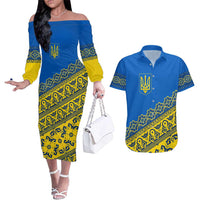 Ukraine Heritage Pride – Vyshyvanka Pattern Couples Matching Off The Shoulder Long Sleeve Dress and Hawaiian Shirt with National Symbol in Blue & Yellow
