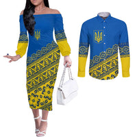 Ukraine Heritage Pride – Vyshyvanka Pattern Couples Matching Off The Shoulder Long Sleeve Dress and Long Sleeve Button Shirt with National Symbol in Blue & Yellow
