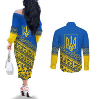 Ukraine Heritage Pride – Vyshyvanka Pattern Couples Matching Off The Shoulder Long Sleeve Dress and Long Sleeve Button Shirt with National Symbol in Blue & Yellow