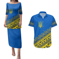 Ukraine Heritage Pride – Vyshyvanka Pattern Couples Matching Puletasi and Hawaiian Shirt with National Symbol in Blue & Yellow