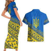 Ukraine Heritage Pride – Vyshyvanka Pattern Couples Matching Short Sleeve Bodycon Dress and Hawaiian Shirt with National Symbol in Blue & Yellow