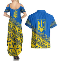 Ukraine Heritage Pride – Vyshyvanka Pattern Couples Matching Summer Maxi Dress and Hawaiian Shirt with National Symbol in Blue & Yellow