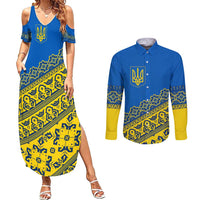 Ukraine Heritage Pride – Vyshyvanka Pattern Couples Matching Summer Maxi Dress and Long Sleeve Button Shirt with National Symbol in Blue & Yellow