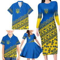 Ukraine Heritage Pride – Vyshyvanka Pattern Family Matching Long Sleeve Bodycon Dress and Hawaiian Shirt with National Symbol in Blue & Yellow