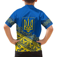 Ukraine Heritage Pride – Vyshyvanka Pattern Family Matching Off The Shoulder Long Sleeve Dress and Hawaiian Shirt with National Symbol in Blue & Yellow
