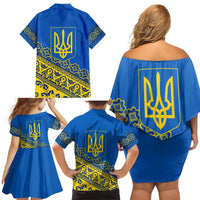 Ukraine Heritage Pride – Vyshyvanka Pattern Family Matching Off Shoulder Short Dress and Hawaiian Shirt with National Symbol in Blue & Yellow