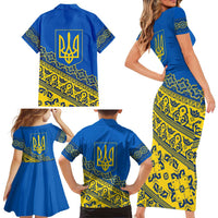 Ukraine Heritage Pride – Vyshyvanka Pattern Family Matching Short Sleeve Bodycon Dress and Hawaiian Shirt with National Symbol in Blue & Yellow