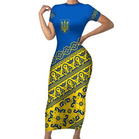 Ukraine Heritage Pride – Vyshyvanka Pattern Family Matching Short Sleeve Bodycon Dress and Hawaiian Shirt with National Symbol in Blue & Yellow