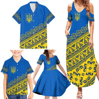 Ukraine Heritage Pride – Vyshyvanka Pattern Family Matching Summer Maxi Dress and Hawaiian Shirt with National Symbol in Blue & Yellow