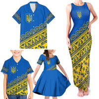 Ukraine Heritage Pride – Vyshyvanka Pattern Family Matching Tank Maxi Dress and Hawaiian Shirt with National Symbol in Blue & Yellow