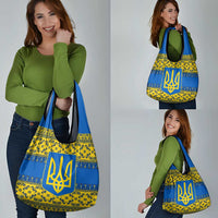 Ukraine Heritage Pride – Vyshyvanka Pattern Grocery Bag with National Symbol in Blue & Yellow