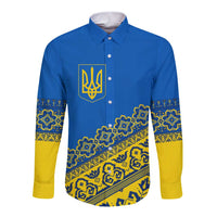 Ukraine Heritage Pride – Vyshyvanka Pattern Long Sleeve Button Shirt with National Symbol in Blue & Yellow