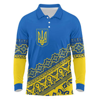 Ukraine Heritage Pride – Vyshyvanka Pattern Long Sleeve Polo Shirt with National Symbol in Blue & Yellow