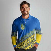 Ukraine Heritage Pride – Vyshyvanka Pattern Long Sleeve Polo Shirt with National Symbol in Blue & Yellow