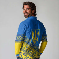 Ukraine Heritage Pride – Vyshyvanka Pattern Long Sleeve Polo Shirt with National Symbol in Blue & Yellow