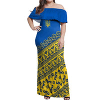 Ukraine Heritage Pride – Vyshyvanka Pattern Off Shoulder Maxi Dress with National Symbol in Blue & Yellow
