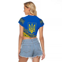 Ukraine Heritage Pride – Vyshyvanka Pattern Raglan Cropped T Shirt with National Symbol in Blue & Yellow