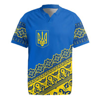 Ukraine Heritage Pride – Vyshyvanka Pattern Rugby Jersey with National Symbol in Blue & Yellow