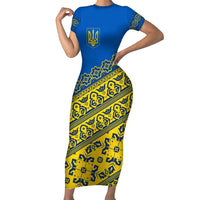 Ukraine Heritage Pride – Vyshyvanka Pattern Short Sleeve Bodycon Dress with National Symbol in Blue & Yellow