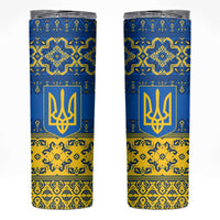Ukraine Heritage Pride – Vyshyvanka Pattern Skinny Tumbler with National Symbol in Blue & Yellow