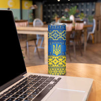 Ukraine Heritage Pride – Vyshyvanka Pattern Skinny Tumbler with National Symbol in Blue & Yellow