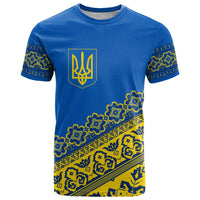 Ukraine Heritage Pride – Vyshyvanka Pattern T Shirt with National Symbol in Blue & Yellow