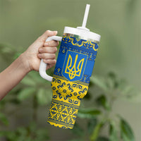 Ukraine Heritage Pride – Vyshyvanka Pattern Tumbler With Handle with National Symbol in Blue & Yellow