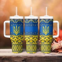 Ukraine Heritage Pride – Vyshyvanka Pattern Tumbler With Handle with National Symbol in Blue & Yellow