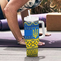 Ukraine Heritage Pride – Vyshyvanka Pattern Tumbler With Handle with National Symbol in Blue & Yellow