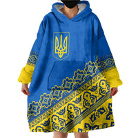 Ukraine Heritage Pride – Vyshyvanka Pattern Wearable Blanket Hoodie with National Symbol in Blue & Yellow