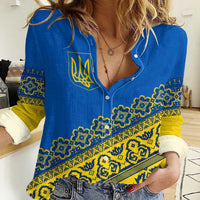 Ukraine Heritage Pride – Vyshyvanka Pattern Women Casual Shirt with National Symbol in Blue & Yellow