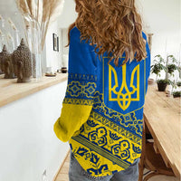 Ukraine Heritage Pride – Vyshyvanka Pattern Women Casual Shirt with National Symbol in Blue & Yellow