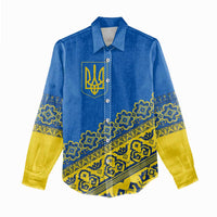 Ukraine Heritage Pride – Vyshyvanka Pattern Women Casual Shirt with National Symbol in Blue & Yellow