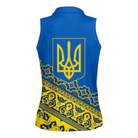 Ukraine Heritage Pride – Vyshyvanka Pattern Women Sleeveless Polo Shirt with National Symbol in Blue & Yellow