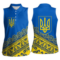 Ukraine Heritage Pride – Vyshyvanka Pattern Women Sleeveless Polo Shirt with National Symbol in Blue & Yellow