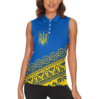 Ukraine Heritage Pride – Vyshyvanka Pattern Women Sleeveless Polo Shirt with National Symbol in Blue & Yellow
