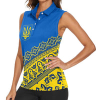 Ukraine Heritage Pride – Vyshyvanka Pattern Women Sleeveless Polo Shirt with National Symbol in Blue & Yellow