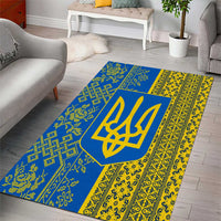 Ukrainian Flag Colors Area Rug with Trident Crest and Traditional Folk Pattern