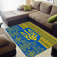 Ukrainian Flag Colors Area Rug with Trident Crest and Traditional Folk Pattern
