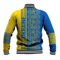 Ukrainian Flag Colors Baseball Jacket with Trident Crest and Traditional Folk Pattern