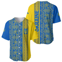 Ukrainian Flag Colors Baseball Jersey with Trident Crest and Traditional Folk Pattern