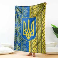 Ukrainian Flag Colors Blanket with Trident Crest and Traditional Folk Pattern
