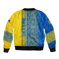 Ukrainian Flag Colors Bomber Jacket with Trident Crest and Traditional Folk Pattern