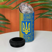Ukrainian Flag Colors 4 in 1 Can Cooler Tumbler with Trident Crest and Traditional Folk Pattern