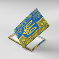 Ukrainian Flag Colors Canvas Wall Art with Trident Crest and Traditional Folk Pattern